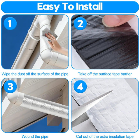 4-step installation of 2 Inch By 33 Foot Outdoor Pipe Insulation Wrap Self Adhering Foam Tape for winter freeze protection.