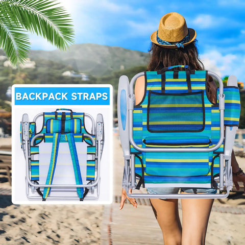 Portable Beach Chair For Adults With 5 Position Recline And Lay Flat Option Headrest And Cup Holder Heavy Duty 350 Lb Capacity Folding Camping Chair In Ocean Stripe For Outdoor Beach Camp And Backpack Carry, rear view highlighting backpack straps