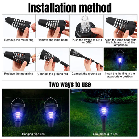 Installation method and usage of 4 Pack Solar Mosquito Zapper And Cone Light Outdoor Bug Killer Waterproof Hanging Or Insertion Design.