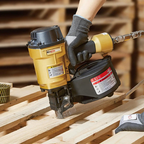 Coil Siding Nailer Workhorse For Wood Projects, shown on a wooden pallet, 1/4 NPT connector, lightweight aluminum housing