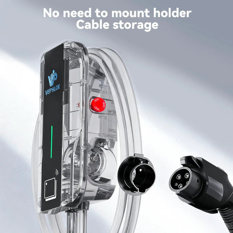 Straight Up Heavy Duty J1772 Level 2 Electric Vehicle Charger close-up with cable storage and charger plug shown.
