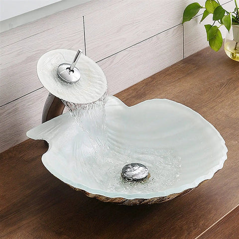 USZWBY Bathroom Vessel Sink Tempered Glass Bathroom Vessel Sink Shell Shape Above Counter Bathroom Vessel Vanity Sink with water flow.