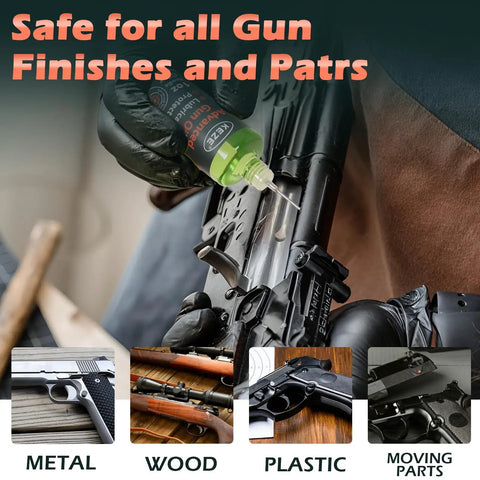 4 In 1 CLP Gun Lubricant Kit With 2 Oz Fine Mist Sprayer and 1 Oz Needle Oiler, cleaning a rifle with solvent.