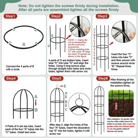 Installation steps for Obelisk Garden Trellis 6.6 Ft Tall Metal Plant Support for Climbing Vines and Flowers, 2 pack.