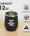 Personalized Black Wine Tumbler With Lid And Straw Double Wall Insulated Stainless Steel Travel Mug Printed In Usa Custom Coffee Cup Solid Flex For Daily Vibes 12 oz capacity shown with dimensions.