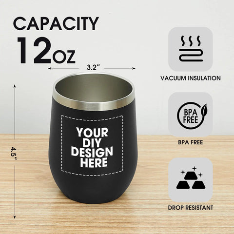 Personalized Black Wine Tumbler With Lid And Straw Double Wall Insulated Stainless Steel Travel Mug Printed In Usa Custom Coffee Cup Solid Flex For Daily Vibes 12 oz capacity shown with dimensions.