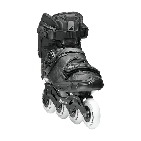 Black Crossfire Slalom Inline Skates for adults with canting cuff, plush padding, and micro adjustable buckle for urban performance.