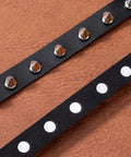 Close-up of dual studded wristbands from Dope Three Piece Leather Punk Set Featuring Spiked Gothic Choker And Dual Studded Wristbands For Savage Street Style Rock Edge Heavy Metal Fits Perfectly.