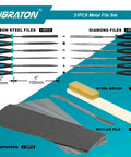 31 Piece Metal File Set For Woodworking And Metalworking With 8 Inch Flat, Half Round, Round And Triangle Files, 12 Precision 4 Inch Needle Files, Riffler File, 12 Sandpapers, Steel Brush And Zipper Case Pro Grade Heavy Duty displayed with tools