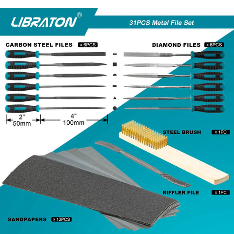 31 Piece Metal File Set For Woodworking And Metalworking With 8 Inch Flat, Half Round, Round And Triangle Files, 12 Precision 4 Inch Needle Files, Riffler File, 12 Sandpapers, Steel Brush And Zipper Case Pro Grade Heavy Duty displayed with tools