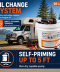 12V Portable Oil Change System For Boats And RVs, pump on bucket beside RV, forest and lake background