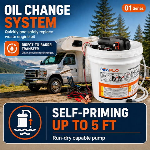 12V Portable Oil Change System For Boats And RVs, pump on bucket beside RV, forest and lake background