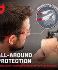 Man wearing Clear Anti Fog Safety Glasses For Men And Women with wraparound design, firing a handgun at shooting range.