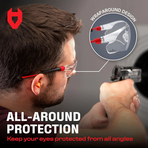 Man wearing Clear Anti Fog Safety Glasses For Men And Women with wraparound design, firing a handgun at shooting range.