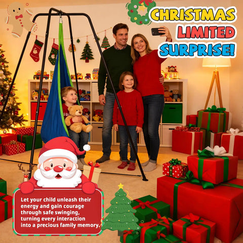 Family using Heavy-Duty X Shaped Sensory Swing Stand For Kids With Pod Chair in playroom, Christmas decorations in background
