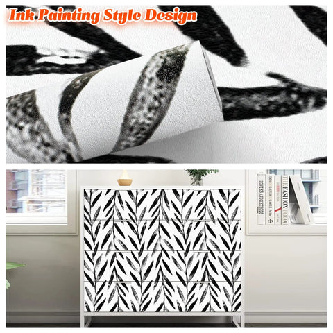 Black And White Peel And Stick Wallpaper Leaf Contact Paper 17.7 Inch By 590.4 Inch For Bathroom And Living Spaces Self Adhesive Decorative Wallpaper Easy Install Oriental Ink Style Slick Modern Vibe 72.5 Sq Ft, close-up and cabinet use.