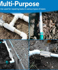 Pipe repair clamp, 1x3 inch stainless steel with single bolt on white PVC pipe; four-view collage.