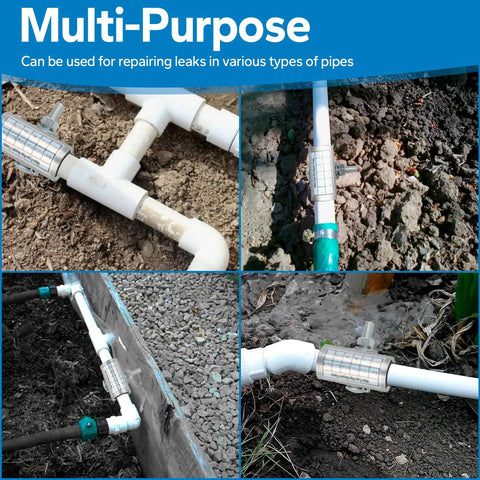Pipe repair clamp, 1x3 inch stainless steel with single bolt on white PVC pipe; four-view collage.