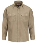 Heavy Duty Nomex IIIA Flame Resistant Work Shirt With Button Front Placket Topstitched Collar Tailored Sleeve Placket CAT1 NFPA 2112 Certified Built Tough For The Daily Grind In Tan, front view.