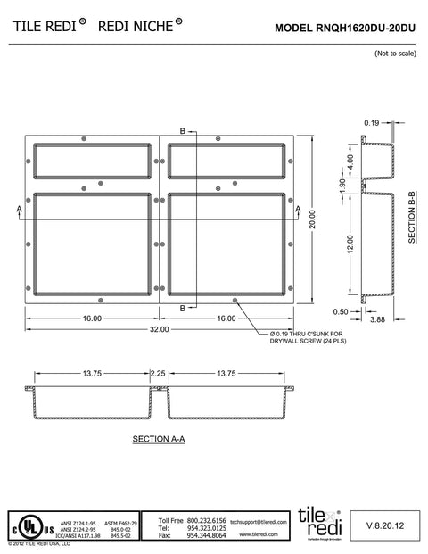 Technical drawing of Quad Niche Recessed Shower Shelf Black With Four Inner Shelves, 32 Inch Wide By 20 Inch High By 4 Inch Deep.
