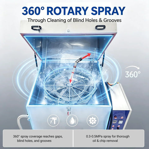 Industrial Parts Rotary Spray Washer Cabinet Beast Mode Grimebusting Powerhouse with 360 spray coverage for cleaning blind holes.