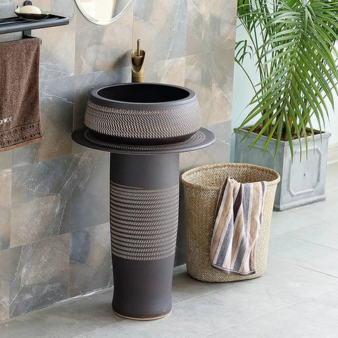 Ceramic Bathroom Sink Art Sink with hand-carved design, 80*52cm floor-standing column for courtyard, modern and industrial style.