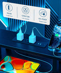Close-up of USB power outlets on 60 Inch Black Computer Desk With 4 Drawers And Printer Space, LED Lights, highlighting charging station.