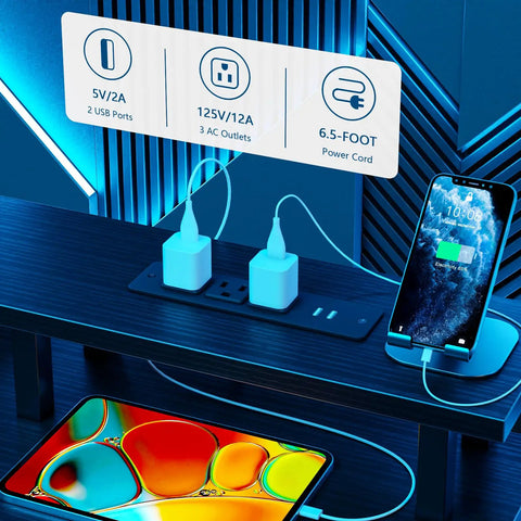 Close-up of USB power outlets on 60 Inch Black Computer Desk With 4 Drawers And Printer Space, LED Lights, highlighting charging station.