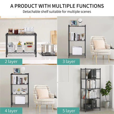 Collage of Beefy Five Shelf Heavy Duty Metal Storage Rack With Adjustable Wire Shelves showing 2, 3, 4, and 5 layer setups