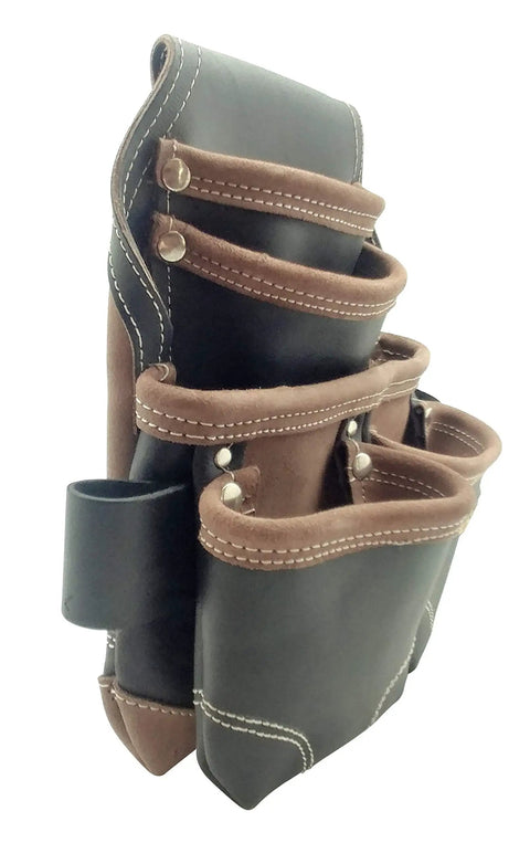 Heavy Duty Leather Nail Pouch With 5 Pockets, Oil Tanned Black Tool Belt Pouch For Carpenters, Reinforced Seams And Dual Snap Loops
