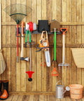 Garage Storage Wall Mount Organizer With 6 Tool Hooks And 2 Shelves, tools hanging on 32 inch rack in wooden shed