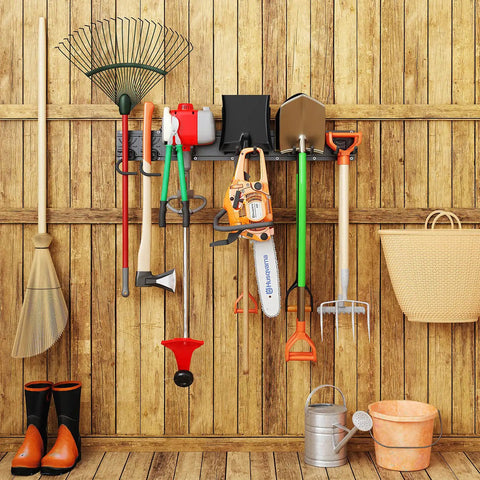Garage Storage Wall Mount Organizer With 6 Tool Hooks And 2 Shelves, tools hanging on 32 inch rack in wooden shed