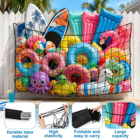 Big Pool Float Storage Net With 20 Hooks And Storage Bag, Hanging Mesh Organizer for pool floats and toys on fence
