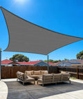 Rectangle Shade Sail 12x20 Foot Dark Gray Outdoor Sun Shade Canopy installed over patio with furniture, breathable design.