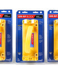 Smart Hook Pushblock Set For Router Tables Jointer And Band Saws Three Pack in packaging, showing yellow molded block with handle.