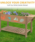 Mobile Raised Garden Bed With Lockable Wheels, Elevated Wood Planter With Storage Shelf In Brown, with colorful flowers