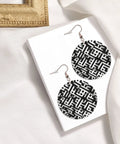 Black And White Grid Print Dangle Earrings For Women, Hella Lightweight Faux PVC Leather Look With Secure Silver Plated Hooks on white background.