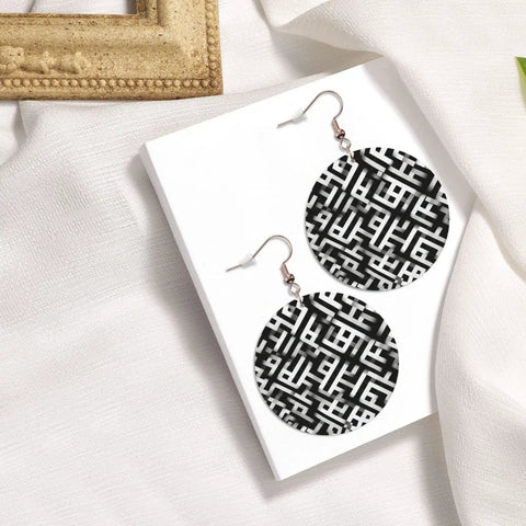 Black And White Grid Print Dangle Earrings For Women, Hella Lightweight Faux PVC Leather Look With Secure Silver Plated Hooks on white background.