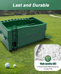 Backyard No Power Golf Ball Dispenser and Automatic Tee Up Toy, green ABS material, on grass, features durability text