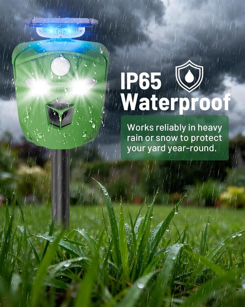 360 Degree Solar Animal Deterrent For Yard And Garden With No Blind Spots, Three Motion Sensors, Waterproof Ultrasonic And Flashing Light Outdoor Device To Keep Deer, Raccoons, And Cats Away, IP65 green