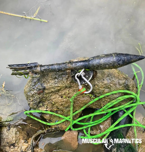 Beefy 1325 Lbs Large Magnet Fishing Kit With Double Sided Neodymium N52 Magnets in use with heavy duty rope and found metal object
