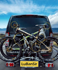 Van with 8 Pack Bike Rack Straps With Adjustable Stabilizers securing two mountain bikes during transport on a vehicle rack.