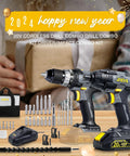 2024 new year image with Cordless Drill And Impact Driver Combo Kit 20V, 2 Tool Set, battery, charger, carry case, bit set visible