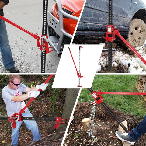 Beefy 60 Inch Heavy Duty Steel Farm Jack lifting vehicles and log, showing versatility for trucks, ATVs, and field work use.