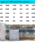 Complete Electronic Component Kit With 1800 Pieces Including LEDs, Resistors, Capacitors, Ceramic Capacitors, Transistors, And Diodes For DIY Projects And Electronics Hobbyists Tinker Ready showing 30 resistor types in a package