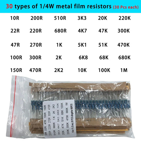 Complete Electronic Component Kit With 1800 Pieces Including LEDs, Resistors, Capacitors, Ceramic Capacitors, Transistors, And Diodes For DIY Projects And Electronics Hobbyists Tinker Ready showing 30 resistor types in a package