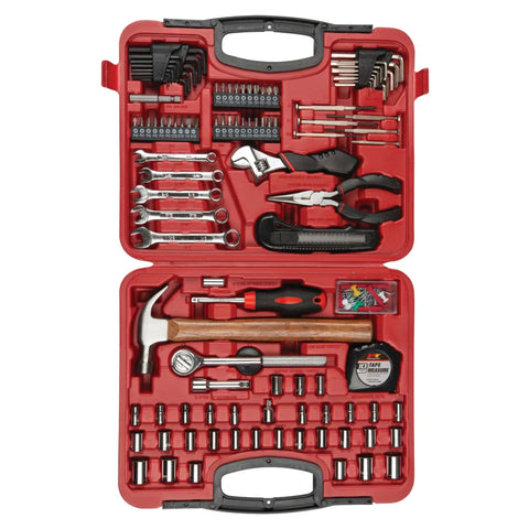 107 Piece Home And Auto Tool Set With Reversible 3/8 Inch Drive Ratchet, Pliers, Wrenches, Bit Driver Hammer, Tape Measure