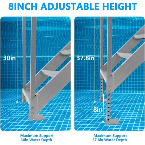 Hella Durable Pro Grade 6 Step Dock Stairs Featuring Rock Solid Dual Handrails And Oversized Slip Resistant Treads For Easy Lake Pool And Family Boat Landing adjustable height illustration showing water depth settings.