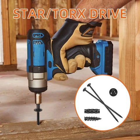 Heavy Duty Wood Structural Screws With Washer Head 6 Inch And 14 Gauge Star Drive Torx Bits Included being used with a power drill.