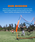 Baseball player using orange and black portable training net on a field under blue sky, surrounded by trees.
